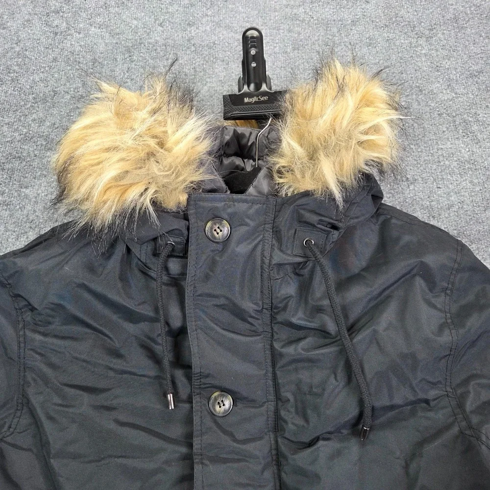 English Laundry Black Hooded Parka Jacket Faux Fur Trim Winter Mens‎ Size XL